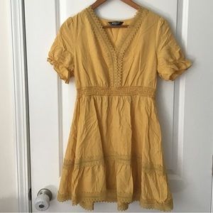 Short Sleeved Allegra K. V-Neck Mustard Dress with Crochet Lace Details